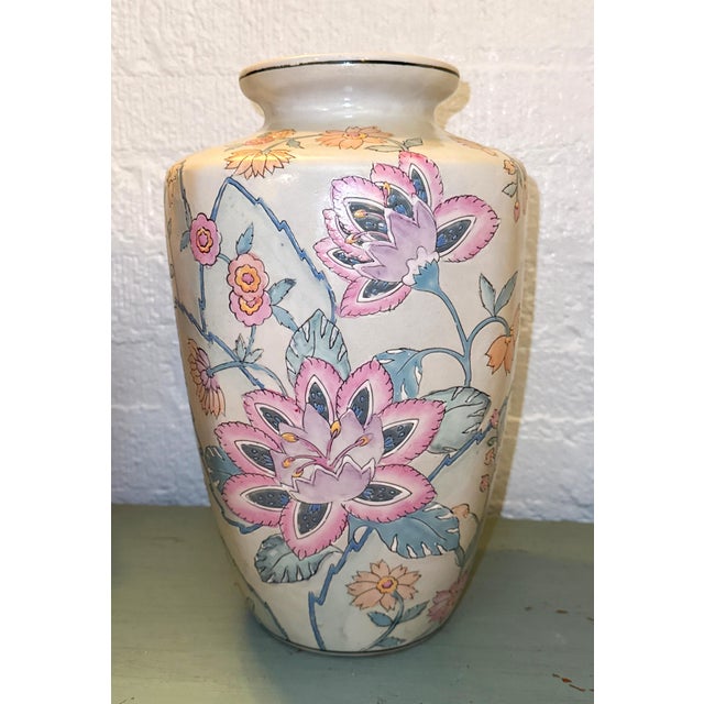 Ceramic Chinese Cabbage Rose Hand Painted Chinoiserie Vase For Sale - Image 7 of 11