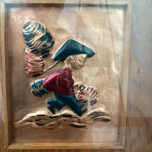 Mid-Century Asian Painted Enamel on Copper Wood Plaque Hanging Wall Art For Sale - Image 4 of 12