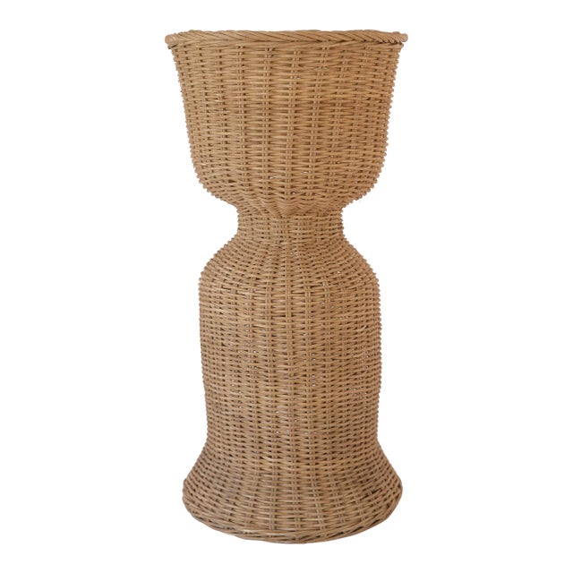 Vintage Boho Wicker Rattan Pedestal Plant Stand For Sale