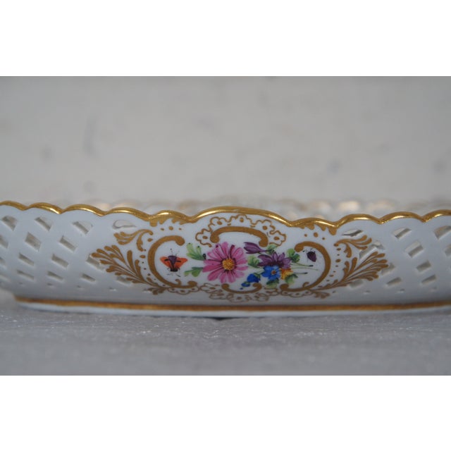 Ceramic Antique Meissen Reticulated Floral Insect Porcelain Oval Basket Dish For Sale - Image 7 of 11