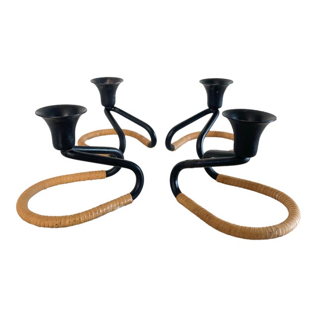 Mid 20th Century Walter Bosse Blacked Steel & Woven Natural Raffia Fiber Candlesticks, Unmarked - Set of 4 For Sale