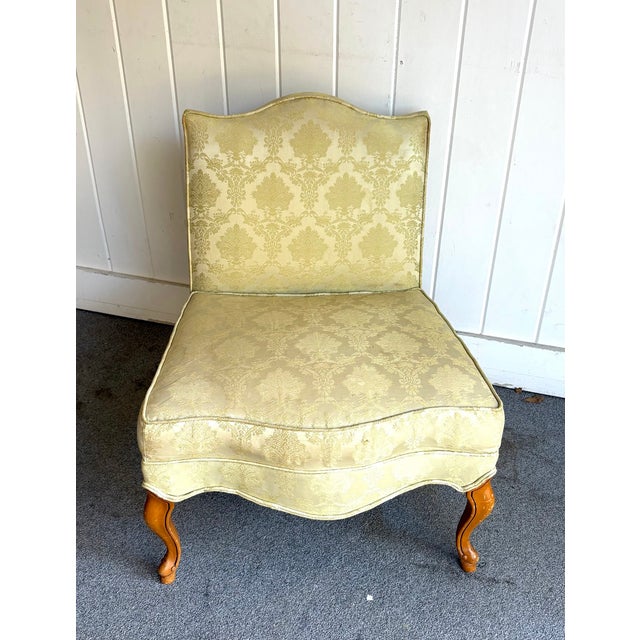 Mid-Century Modern 1950s Yellow Silk Damask Slipper Chair For Sale - Image 3 of 6