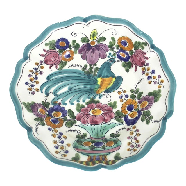 Small Vintage Hand Painted Ceramic Wall Plate, Hand Painted Floral Flowers and Bird Wall Art, Ethnic, Bohemian a.m. Skyros Signed For Sale