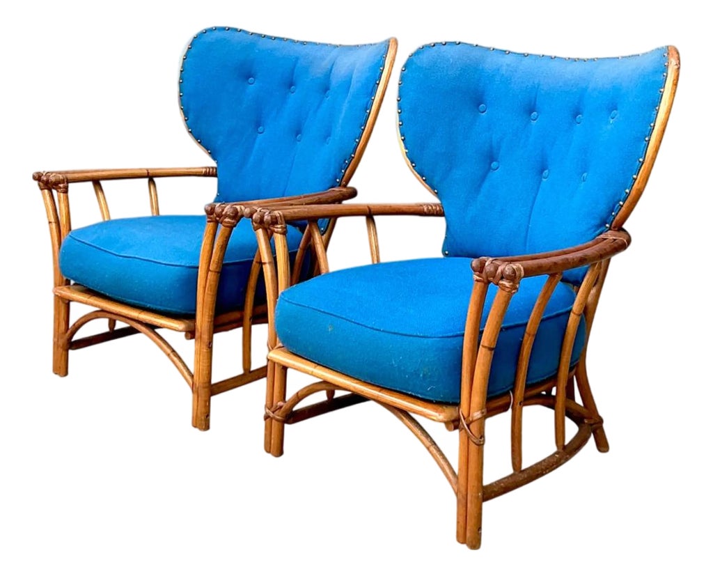 Vintage Heywood Wakefield Rattan Lounge Chairs - Pair
