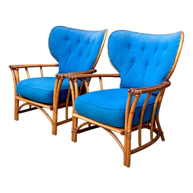 Vintage Heywood Wakefield Rattan Lounge Chairs - Pair For Sale