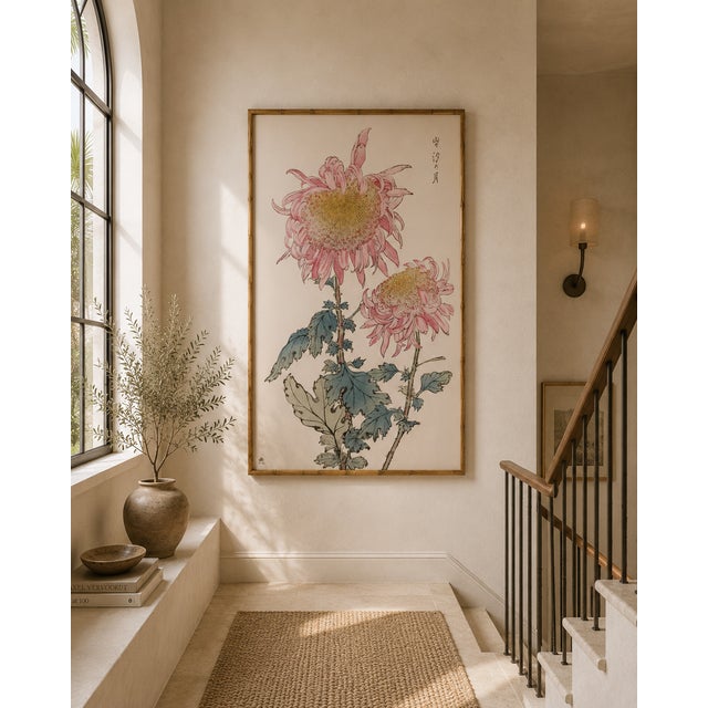 Pink Two Pink Chrysanthemums by Hasegawa, Vintage Japanese Botanical Art Print, 20" X 30" For Sale - Image 8 of 10