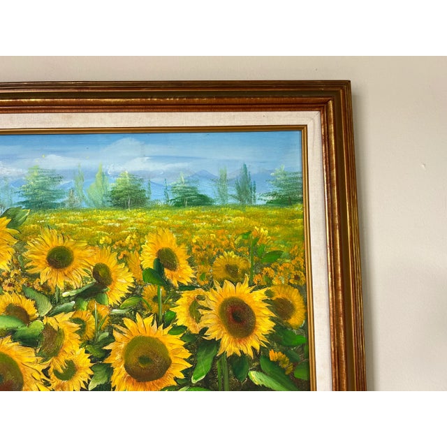 Green 70's Vintage Galit Sunflowers Field Landscape Painting For Sale - Image 8 of 13