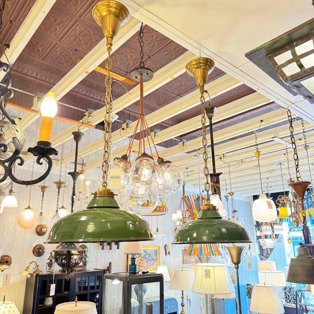 Industrial Vintage Pair of Enameled Green Pendants. For Sale - Image 3 of 6