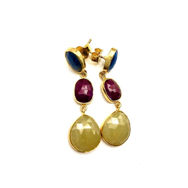 Bochic "Capri" Ruby & Multi Rough Cut Sapphire Earrings Set In 18K Gold & Silver For Sale - Image 4 of 8