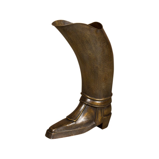 English 1920s Hand-Hammered Copper and Brass Musketeer Boot Umbrella Stand For Sale - Image 4 of 12