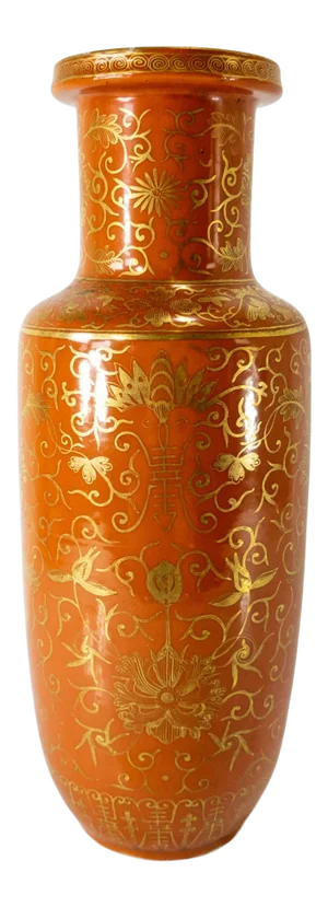 Chinese Orange Glaze Rouleau Vase With Gilt Decoration