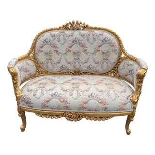 1970 French Louis XVI Gold Beech Damask Settee 1pc For Sale