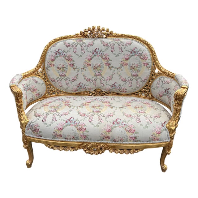 1970 French Louis XVI Gold Beech Damask Settee 1pc For Sale