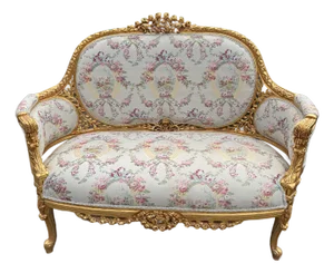 1970 French Louis XVI Gold Beech Damask Settee 1pc