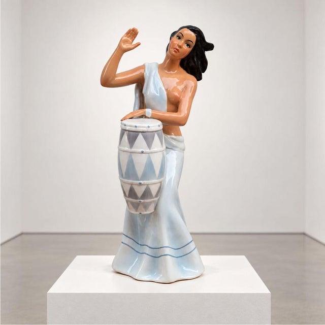 Italian Glazed Ceramic Woman Playing Drum Sculpture by Ronzan, 1950s For Sale - Image 4 of 8
