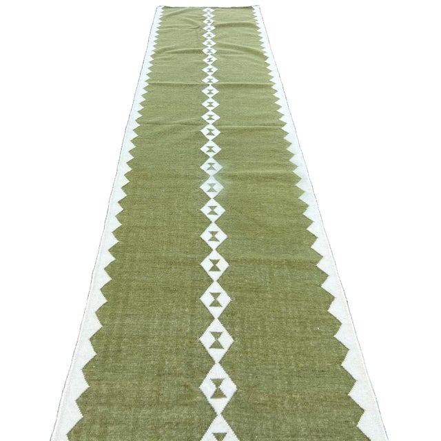 Handmade New Zealand Wool Dhurrie Runner, Olive Green and Cream Geometric Runner Rug- 3'x8' For Sale - Image 9 of 13