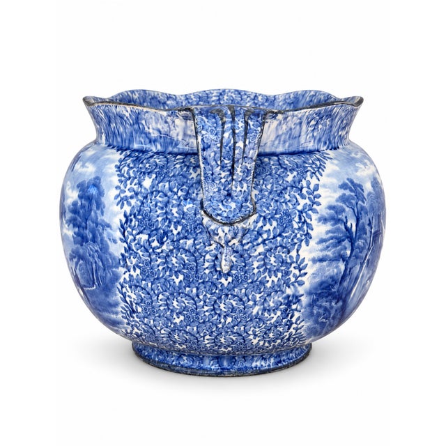 A beautiful early 20th-century English blue-and-white transferware jardinière attributed to Globe Pottery Co. Ltd. of...