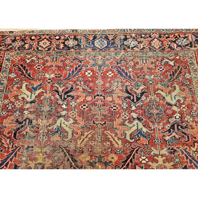 Red Antique Persian Heriz Serapi Rug, Hand-Knotted Wool, All-Over Geometric Pattern, Brick & Navy, 8x9 For Sale - Image 8 of 15