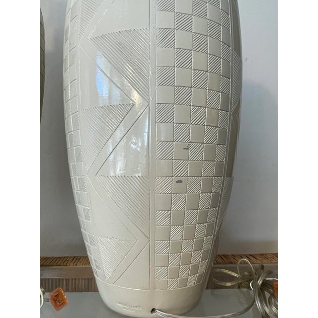 Pair of Casual Lamps of California 1988 Etched Post Modern Ceramic Lamps For Sale - Image 11 of 12