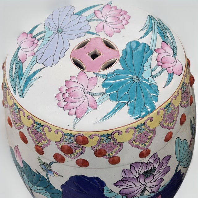 Mid 20th Century Vintage Mid-20th Century Chinese Famille Rose Lotus Garden Stools - A Pair For Sale - Image 5 of 13