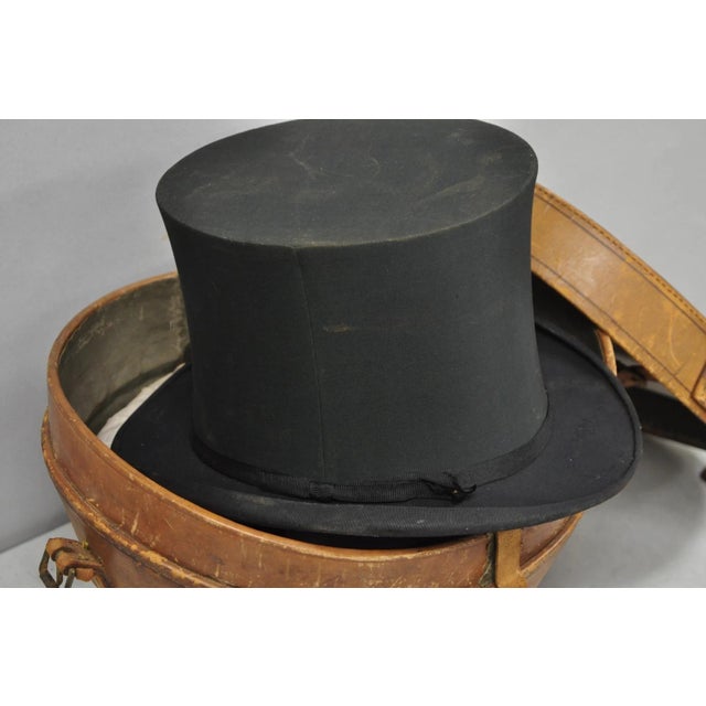 Antique Victorian Brown Leather Travel Case Hat Box W/ Miller of Ny Silk Top Hat For Sale - Image 4 of 18