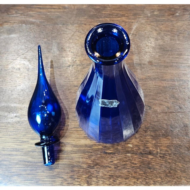 Glass Vintage MCM Empoli Cobalt Blue Italian Glass Genie Bottle With Original Label For Sale - Image 7 of 9