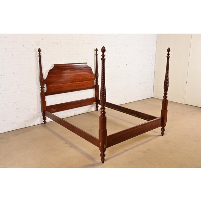 Ethan Allen Ethan Allen Georgian Carved Solid Cherry Wood Queen Size Poster Bed For Sale - Image 4 of 11