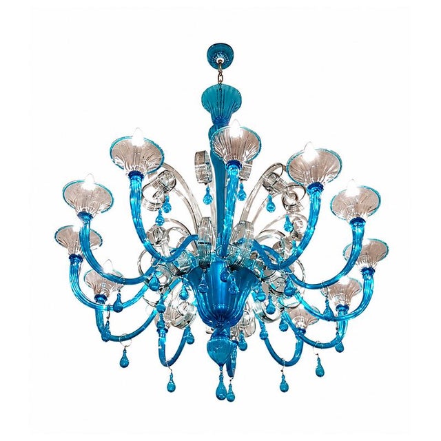 Turquoise and Crystal Murano Glass 12-Light Chandelier, 1980s For Sale - Image 3 of 6