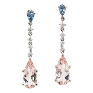 Morganite & Aquamarine Earrings With Earth Mined Diamonds in Solid 14k Gold- Set of 2 For Sale