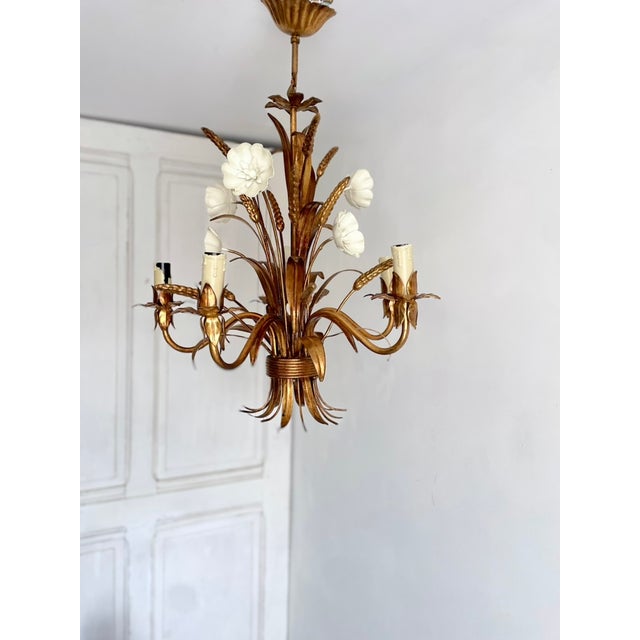 Gold Gilt Tole Floral and Wheat Chandelier, 1960 For Sale - Image 8 of 18