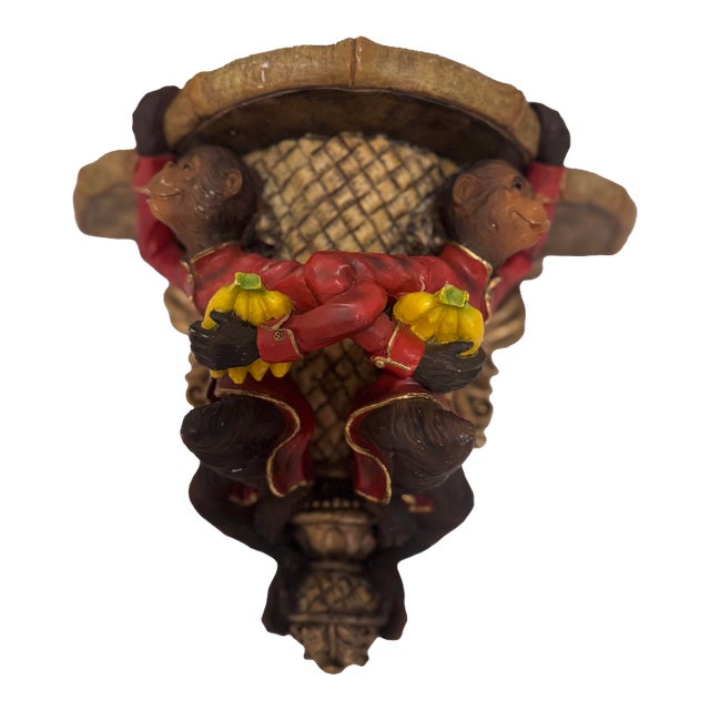 Late 20th Century Hollywood Regency Monkey Wall Shelf Whimsical Red Jacket Bracket With Bamboo Top For Sale