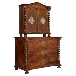 19th-Century Austrian Chest of Drawers in Walnut, Veneer Walnut & Silver Inlaid For Sale