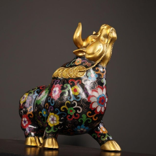 Traditional Late 19th Century Cloisonné Enamel Ox Statue, Gilt Bronze Figure, 2.83kg For Sale - Image 3 of 9