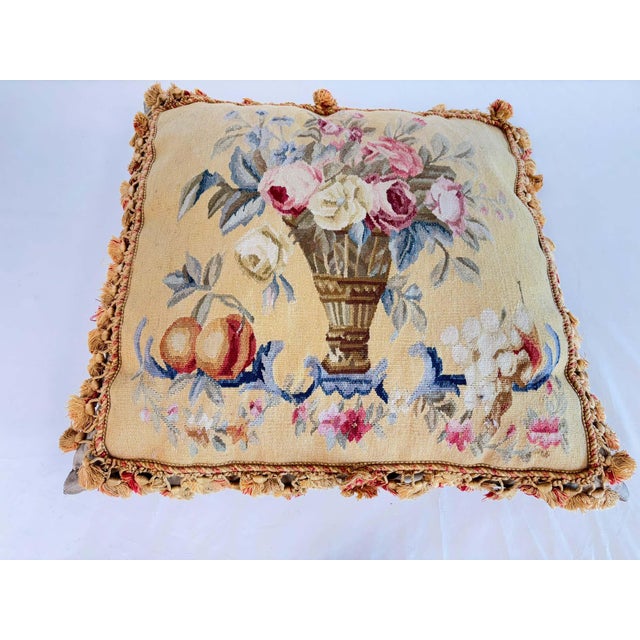 French Aubusson Style Tapestry Pillow with Silk Velvet Backing For Sale - Image 11 of 15