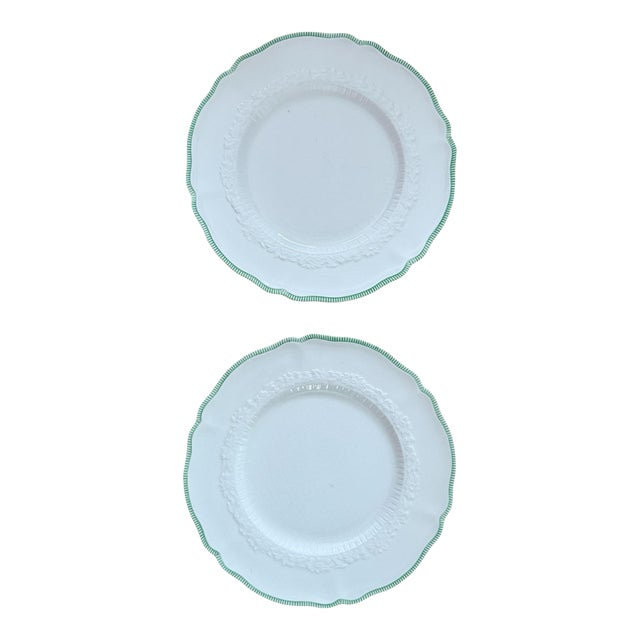 Vintage Green and White Johnson Bros Old Staffordshire Plates - Set of 2 For Sale