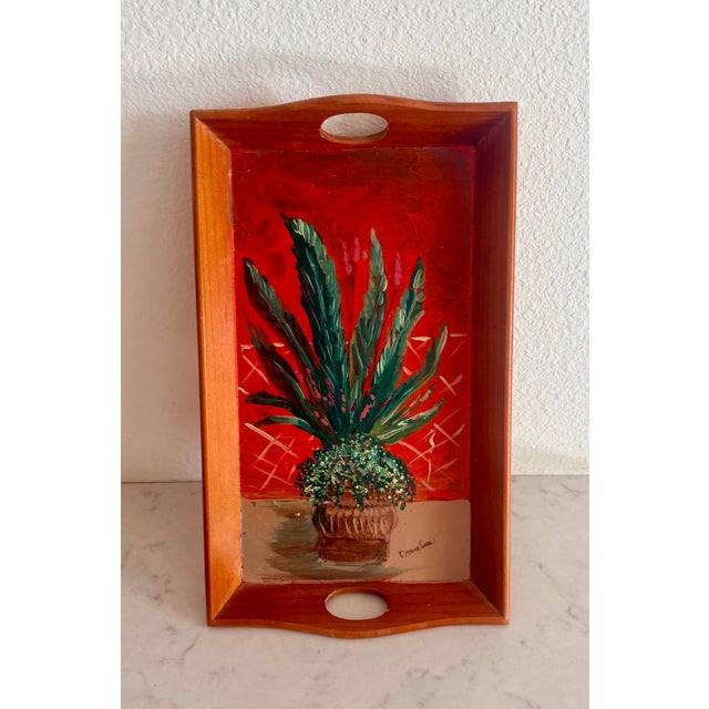 1980s Folk Art Hand Painted Wooden Tray With Inset Handles, Signed by Artist For Sale - Image 12 of 15