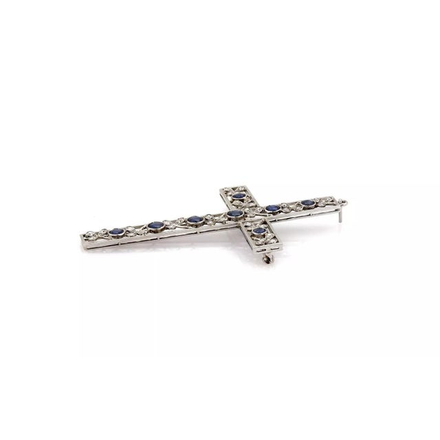Platinum Diamond & Sapphire Large Floral Cross Pendant Brooch For Sale - Image 4 of 5