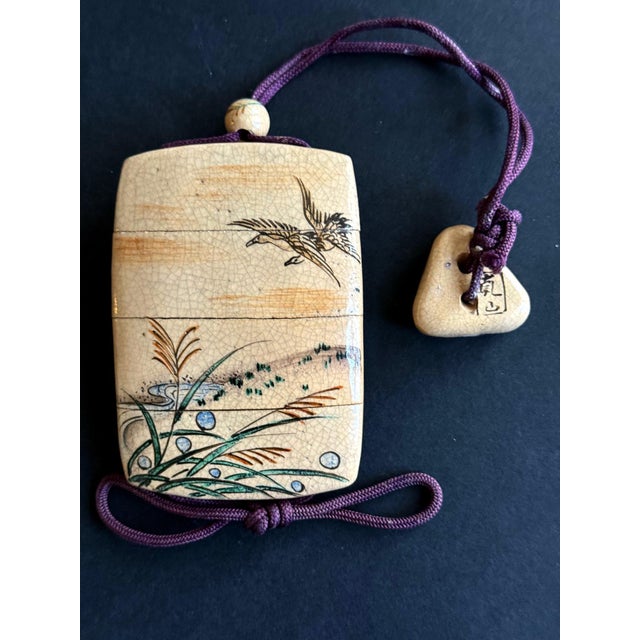 Japanese Rare Japanese Ceramic Glazed Inro with Ojime and Netsuke Ogata Kenzan Edo Period For Sale - Image 3 of 14