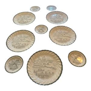 Vintage Colonial Hemstead Royal China Green & White Transferware of Five, 12" Dinner and Five, 6" Bread Plates - Set of 10