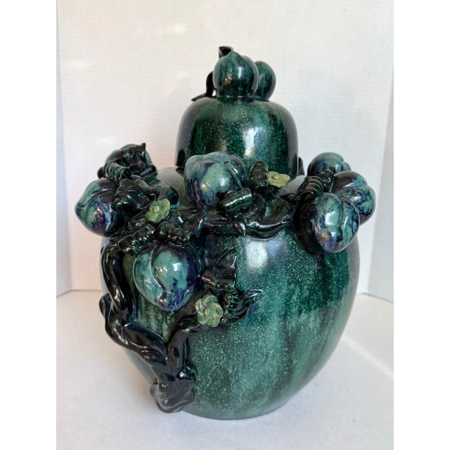 Large Chinese Green & Teal Glazed Lidded Ginger Jar With Sculptural Fruit Motif For Sale - Image 9 of 12