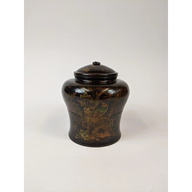 Mid 20th Century 20th Century Hand Painted Black Lacquered Round Wooden 2 Tier Tea Caddie For Sale - Image 5 of 5