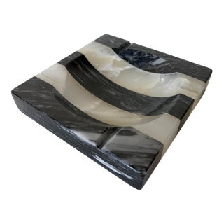 Vintage Postmodern Black & White Striped Marble Ashtray For Sale