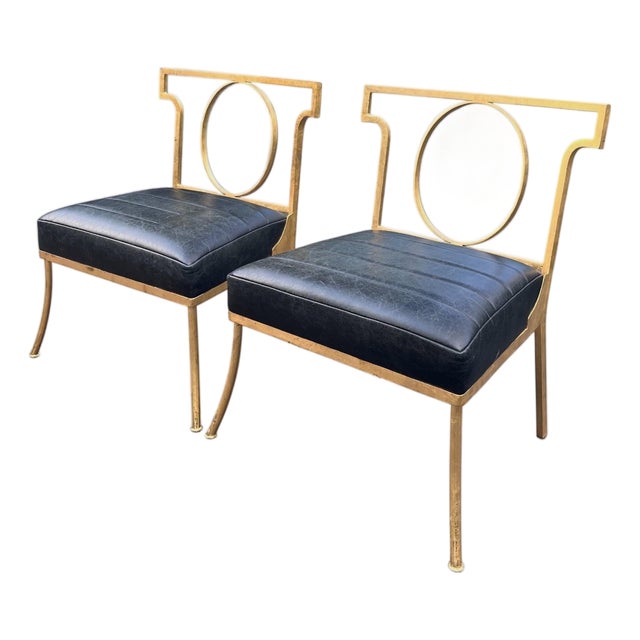 Custom Gilded Iron & Leather Chairs After Billy Haines For Sale