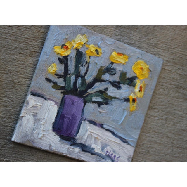 Quiet Places & Still Life — Yellow Flowers with Purple Vase Original oil painting by Haas, 5 x 5 unframed linen panel,...