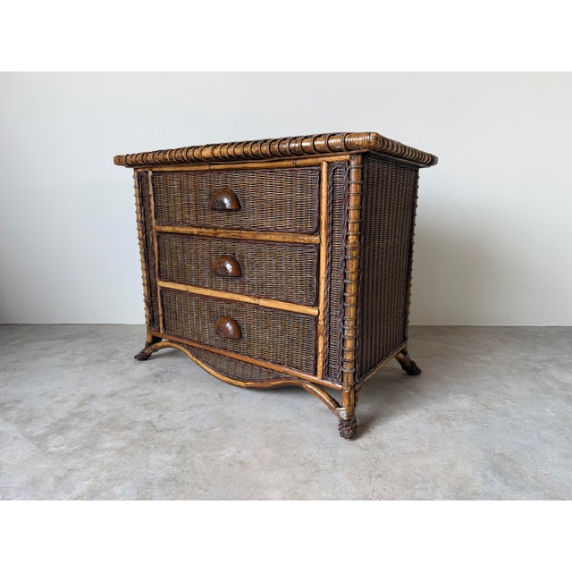 Mid-Century Modern Vintage Coastal Organic Bamboo & Woven Wicker Three-Drawer Nightstand For Sale - Image 3 of 12