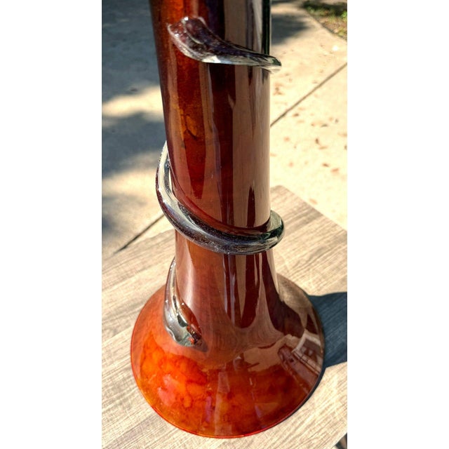 Hand-Blown 20" Amber Red Art Glass Trumpet Vase Applied Serpentine Spiral For Sale - Image 18 of 18