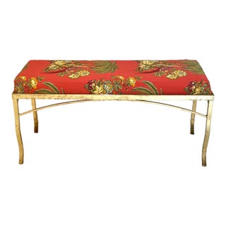 Coral Pheasant-Print Upholstered Brass-Leg Bench For Sale
