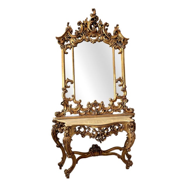 Console Table with Baroque Mirror, 1890s, Set of 2 For Sale