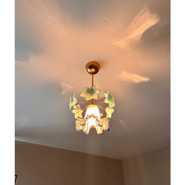 1980s Vintage Custom Hand-Painted Italian Murano Style Light Blue Floral Pendant - Restored For Sale - Image 5 of 17