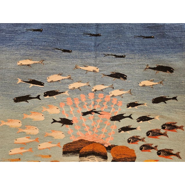 Turkish Vintage Hand-Woven Kilim Area Rug, Pictorial Ocean Scene Wall Art, 41” x 55” For Sale - Image 3 of 15